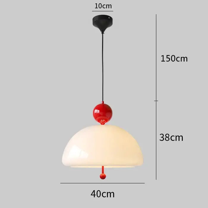 A modern pendant light with cream glass retro dome and red accents by decorbites for dining room decor