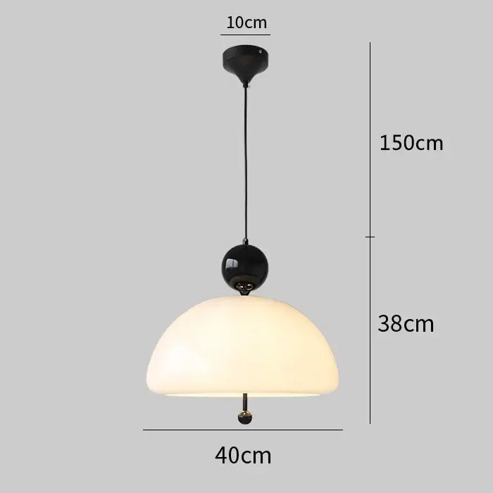 A sleek black and frosted white cream glass retro pendant light with a dome glass shade and glossy black accent for dining room decorbites cream glass