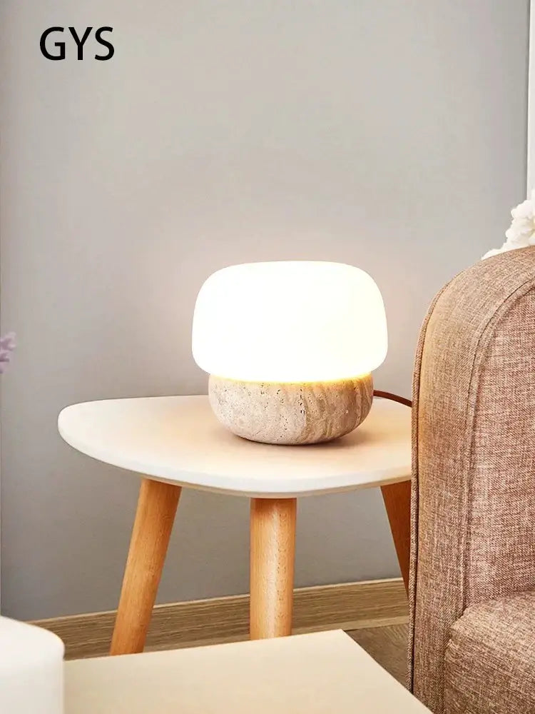 Retro cream mushroom table lamp with a soft glowing white light and textured stone base for decorbites cream mushroom decor