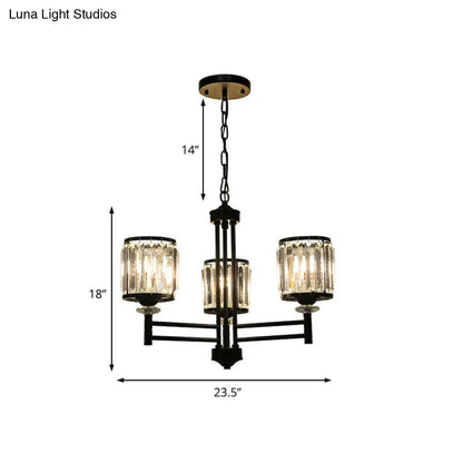 Lámpara colgante cilíndrica retro tipo araña - Acabado negro, detalles de cristal, cadena ajustable - 3/6/8 luces