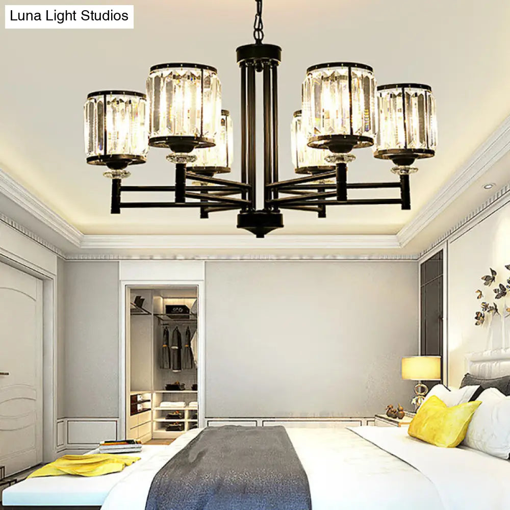 Lámpara colgante cilíndrica retro tipo araña - Acabado negro, detalles de cristal, cadena ajustable - 3/6/8 luces