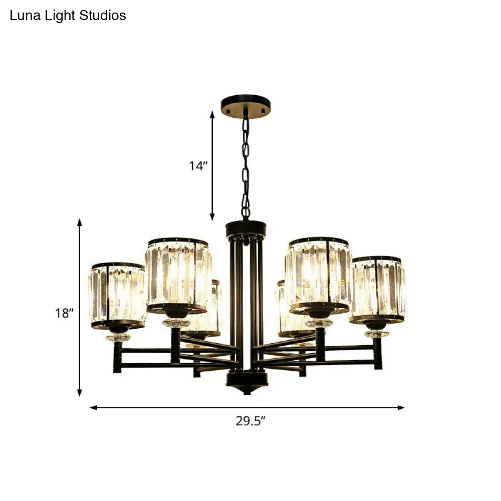 Lámpara colgante cilíndrica retro tipo araña - Acabado negro, detalles de cristal, cadena ajustable - 3/6/8 luces