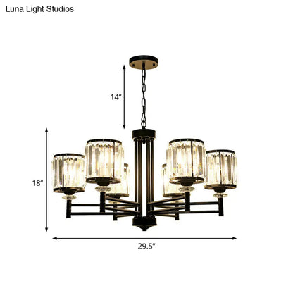 Lámpara colgante cilíndrica retro tipo araña - Acabado negro, detalles de cristal, cadena ajustable - 3/6/8 luces