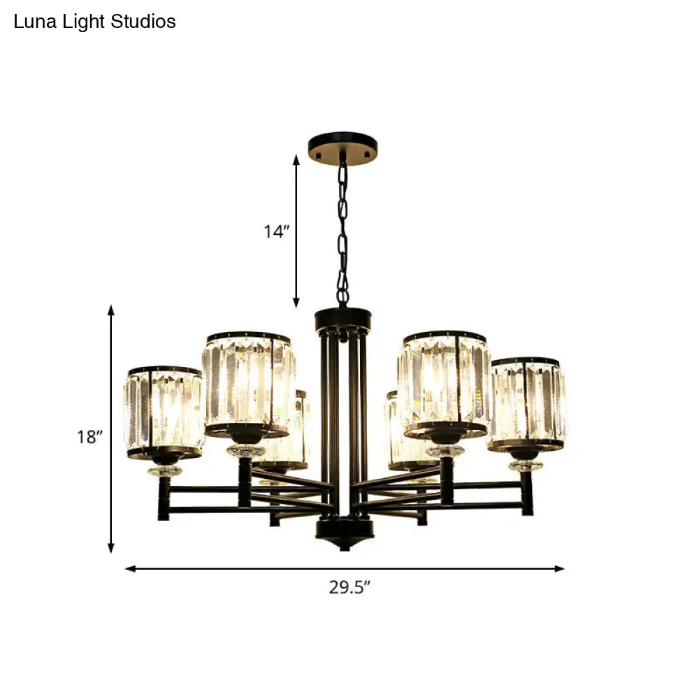 Lámpara colgante cilíndrica retro tipo araña - Acabado negro, detalles de cristal, cadena ajustable - 3/6/8 luces