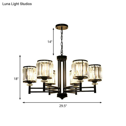 Lámpara colgante cilíndrica retro tipo araña - Acabado negro, detalles de cristal, cadena ajustable - 3/6/8 luces