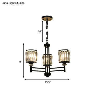 Lámpara colgante cilíndrica retro tipo araña - Acabado negro, detalles de cristal, cadena ajustable - 3/6/8 luces