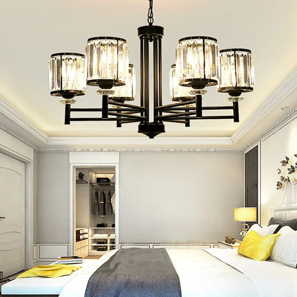 Lámpara colgante cilíndrica retro tipo araña - Acabado negro, detalles de cristal, cadena ajustable - 3/6/8 luces