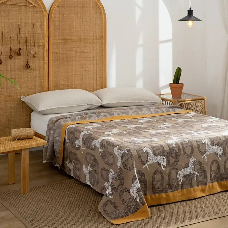 Beige and white horse-patterned cotton throw blanket with mustard-yellow border for living room decorbites cotton throw