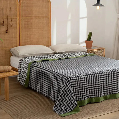Black and white houndstooth decorbites cotton throw blanket with solid green ruffled hem for living room decor
