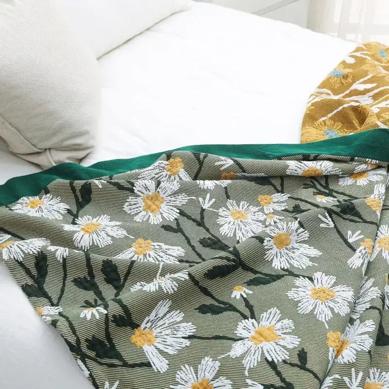 Retro daisy olive and teal decorbites cotton throw blanket with embroidered daisies and dark green velvet trim for living room decor