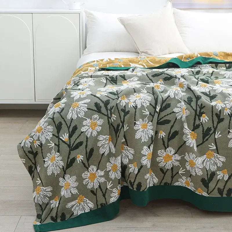 Retro daisy olive and teal cotton throw blanket by decorbites features white daisies and a solid teal border for living room decor