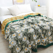 Retro daisy olive and teal cotton throw blanket with white daisies and solid teal border from decorbites cotton throw collection