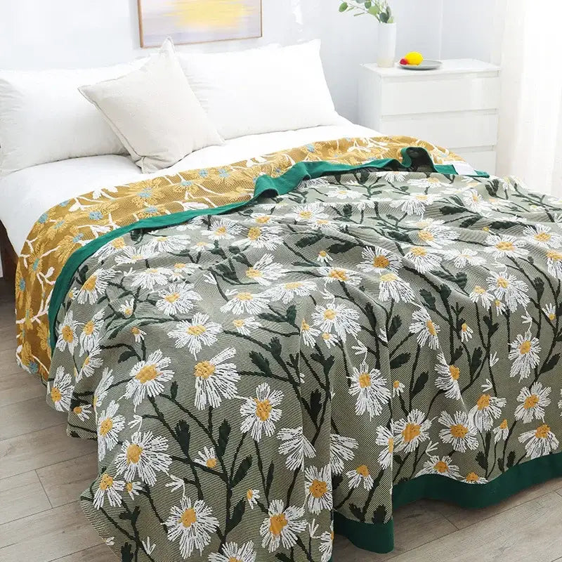 Retro daisy olive and teal cotton throw blanket with white daisies and solid teal border from decorbites cotton throw collection