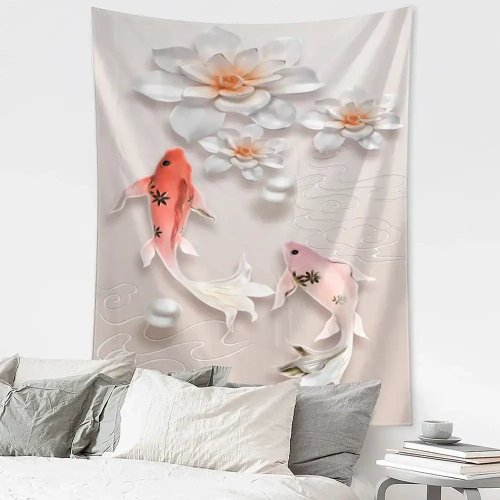 A soft beige wall tapestry with 3d koi fish and lotus flowers paired with retro dark blue and gold decorbites flying crane wall hanging