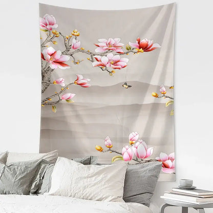 Retro dark blue and gold crane wall hanging with soft beige magnolia decorbites flying crane tapestry for bedroom decor