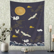 Retro dark blue and gold flying crane wall hanging tapestry with embroidered white cranes clouds moon for bedroom decorbites flying crane decor
