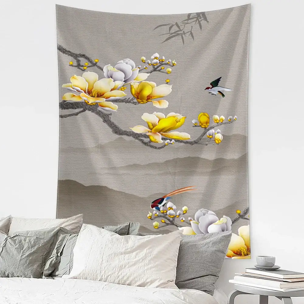 Beige tapestry with yellow magnolia and colorful birds featuring a subtle backdrop as decorbites flying crane wall hanging