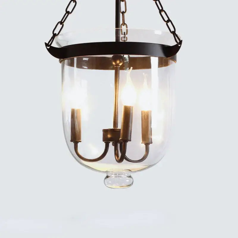 Antique brass-finished retro dark bronze glass bucket pendant light with clear glass lantern and three candle bulbs