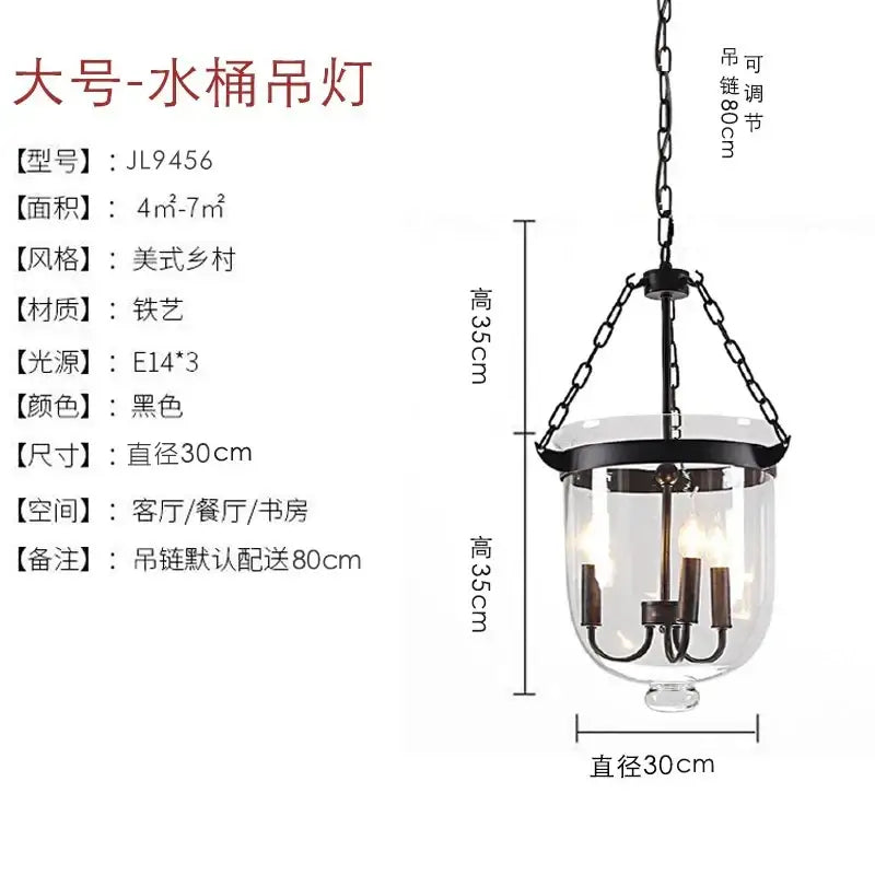 Black iron-framed clear glass bucket pendant light with three candle-style bulbs for dining room decorbites glass bucket pendant