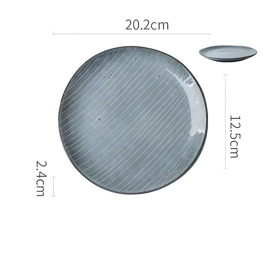 Retro dark gray speckled ceramic dinner plate with subtle diagonal ridges and raised rim decorbites ceramic dinner plate