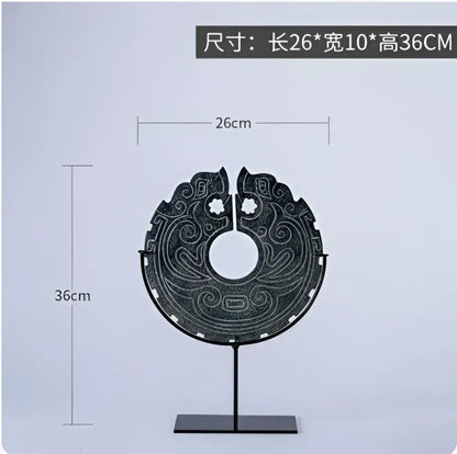 Retro dark green geometric totem resin statue featuring a carved jade disc on a black metal stand for decorbites geometric totem decor