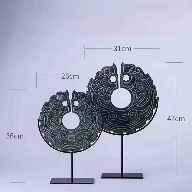 Two dark green intricately carved jade disc geometric totem resin statues on stands for decorbites living room decor