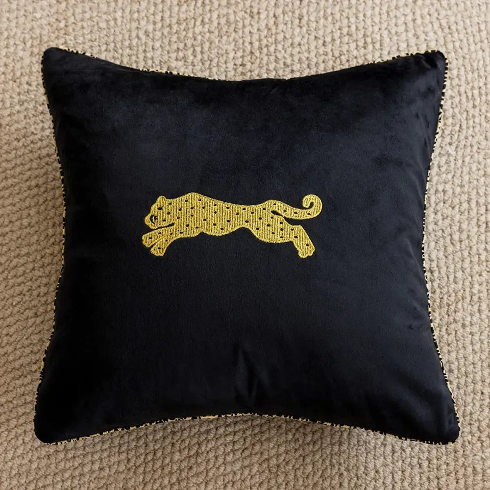 Black velvet luxury pillow cover with gold sequined leopard embroidery and dark green zebra jacquard design