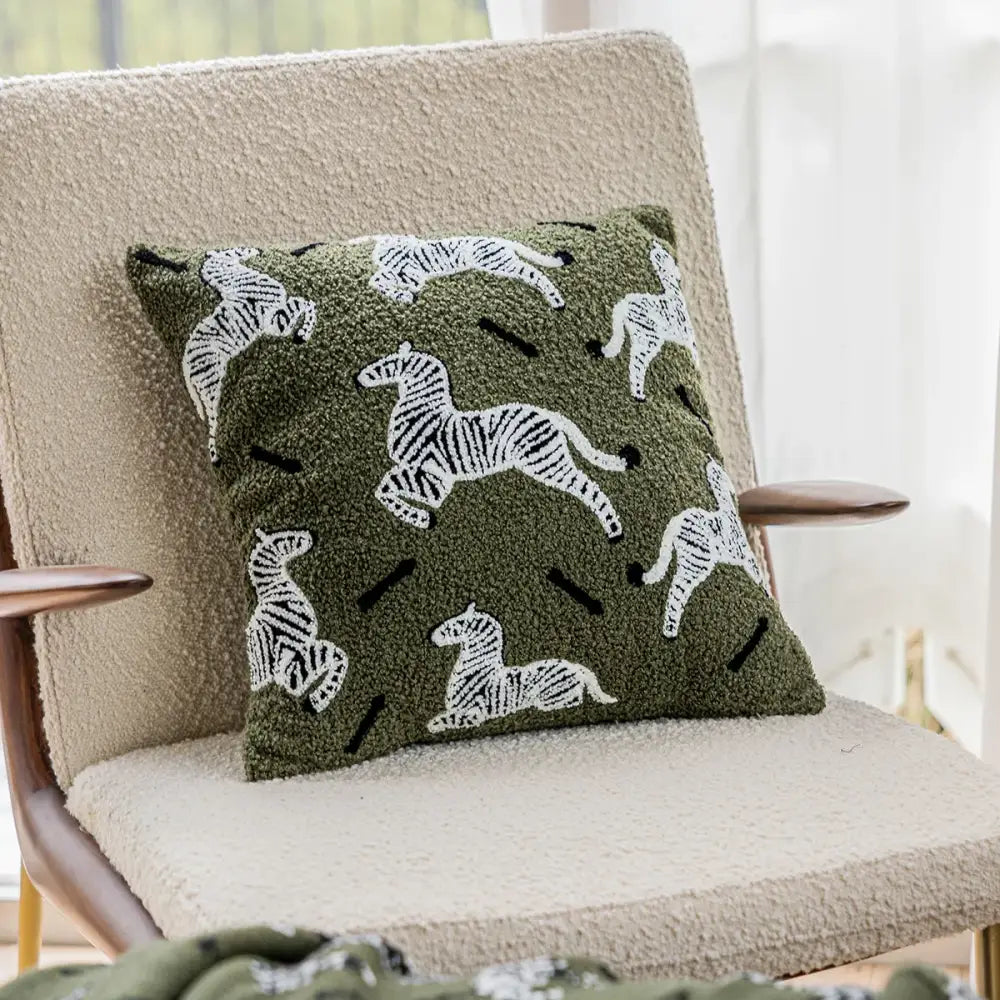 Olive green plush pillow cover with embroidered jacquard white zebra patterns and black stripes luxury pillow