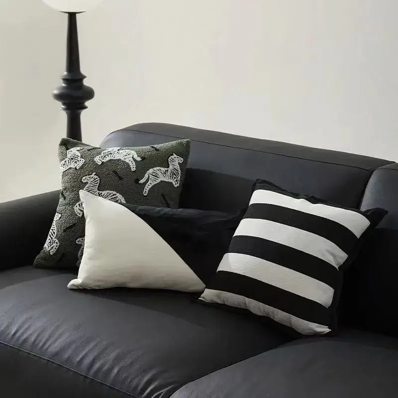 Dark green pillow cover with white embroidered jacquard zebra patterns luxury pillow for bedroom decor