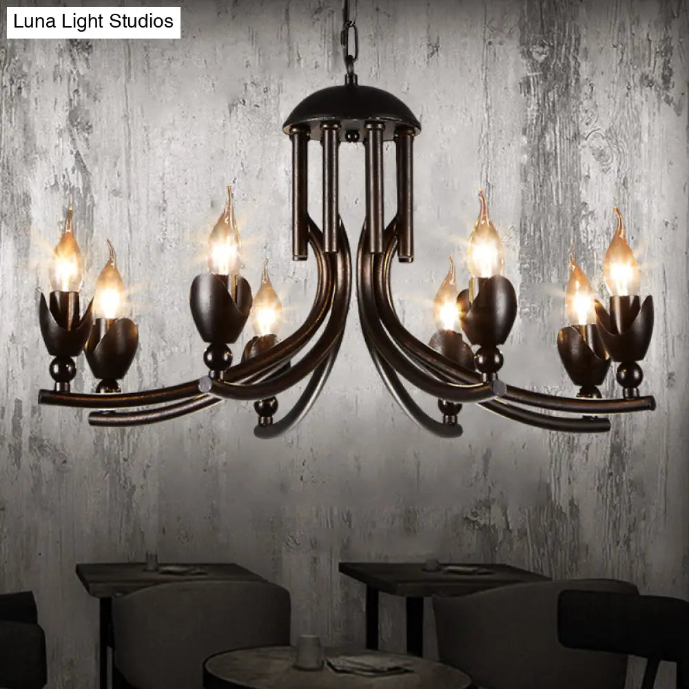 Retro Dark Rust Chandelier with 8 Candle Bulbs - Wrought Iron Pendant Lamp, Curved Arm