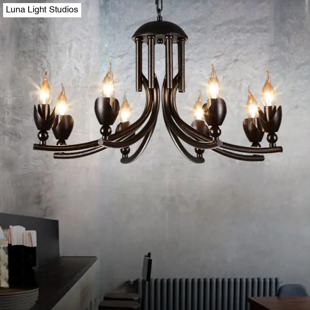 Retro Dark Rust Chandelier with 8 Candle Bulbs - Wrought Iron Pendant Lamp, Curved Arm