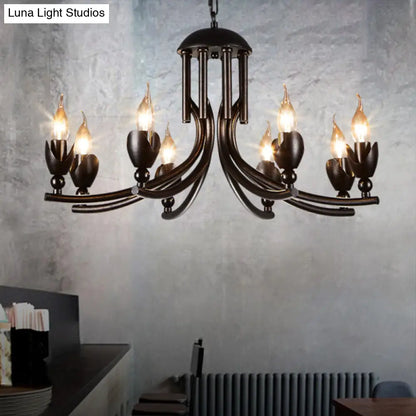 Retro Dark Rust Chandelier with 8 Candle Bulbs - Wrought Iron Pendant Lamp, Curved Arm