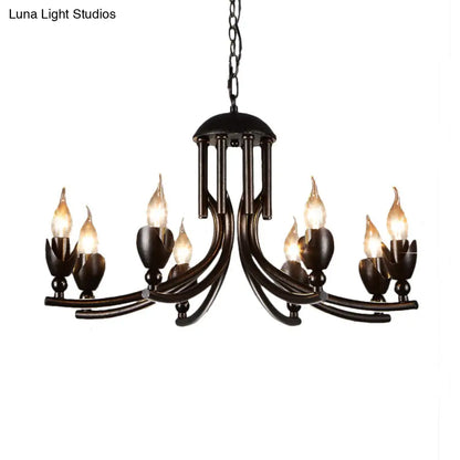 Retro Dark Rust Chandelier with 8 Candle Bulbs - Wrought Iron Pendant Lamp, Curved Arm