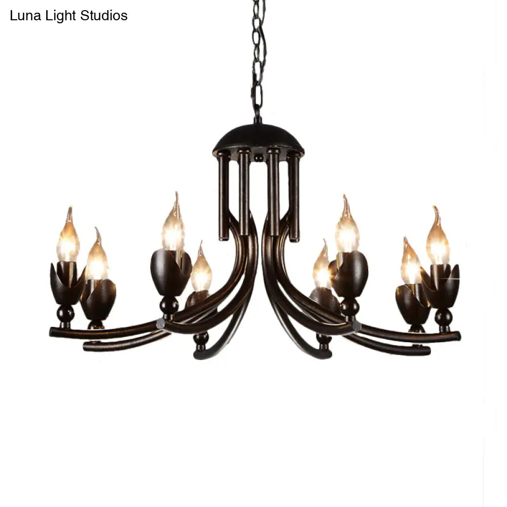 Retro Dark Rust Chandelier with 8 Candle Bulbs - Wrought Iron Pendant Lamp, Curved Arm