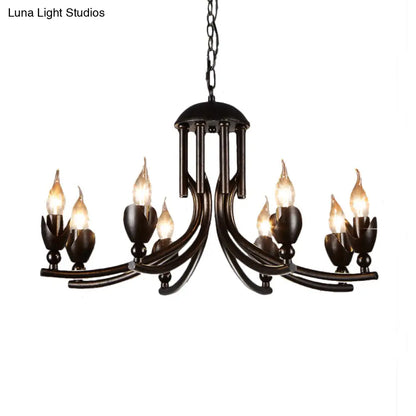 Retro Dark Rust Chandelier with 8 Candle Bulbs - Wrought Iron Pendant Lamp, Curved Arm