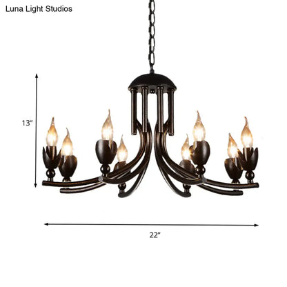Retro Dark Rust Chandelier with 8 Candle Bulbs - Wrought Iron Pendant Lamp, Curved Arm