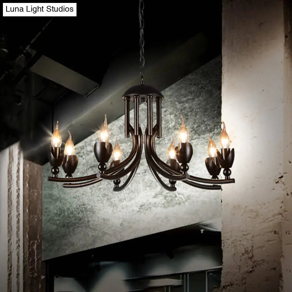 Retro Dark Rust Chandelier with 8 Candle Bulbs - Wrought Iron Pendant Lamp, Curved Arm