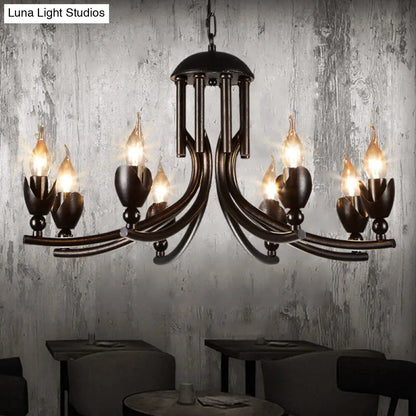 Retro Dark Rust Chandelier with 8 Candle Bulbs - Wrought Iron Pendant Lamp, Curved Arm