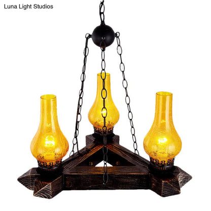 Retro Dark Wood Vase Chandelier with Amber Crackle Glass Ceiling and 3 Lights – Ideal for Restaurants