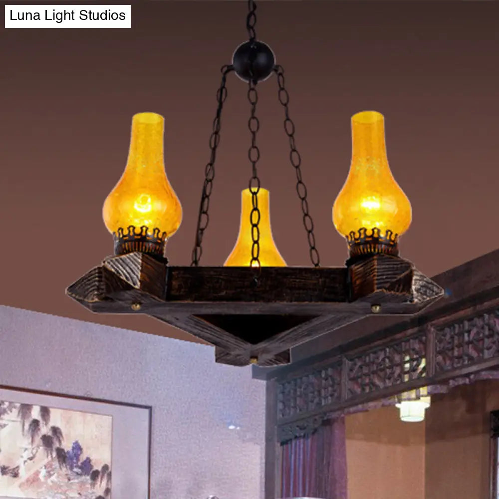 Retro Dark Wood Vase Chandelier with Amber Crackle Glass Ceiling and 3 Lights – Ideal for Restaurants