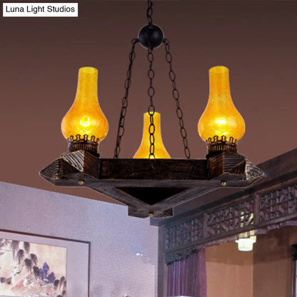Retro Dark Wood Vase Chandelier with Amber Crackle Glass Ceiling and 3 Lights – Ideal for Restaurants