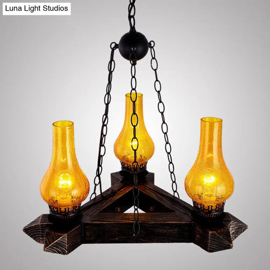Retro Dark Wood Vase Chandelier with Amber Crackle Glass Ceiling and 3 Lights – Ideal for Restaurants