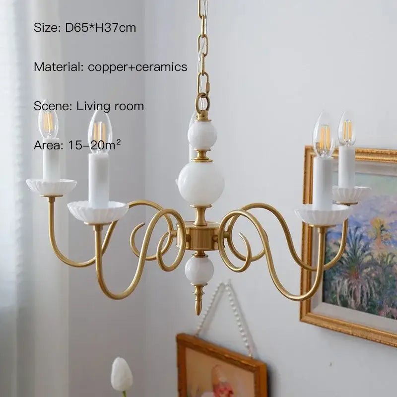 Decorbites cream white led chandelier with gold-toned copper frame and white ceramic orbs for dining room pendant light