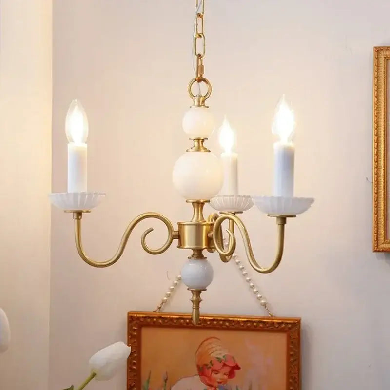 Retro decorbites cream white led chandelier with three candle-style bulbs and white opaline glass orbs pendant light
