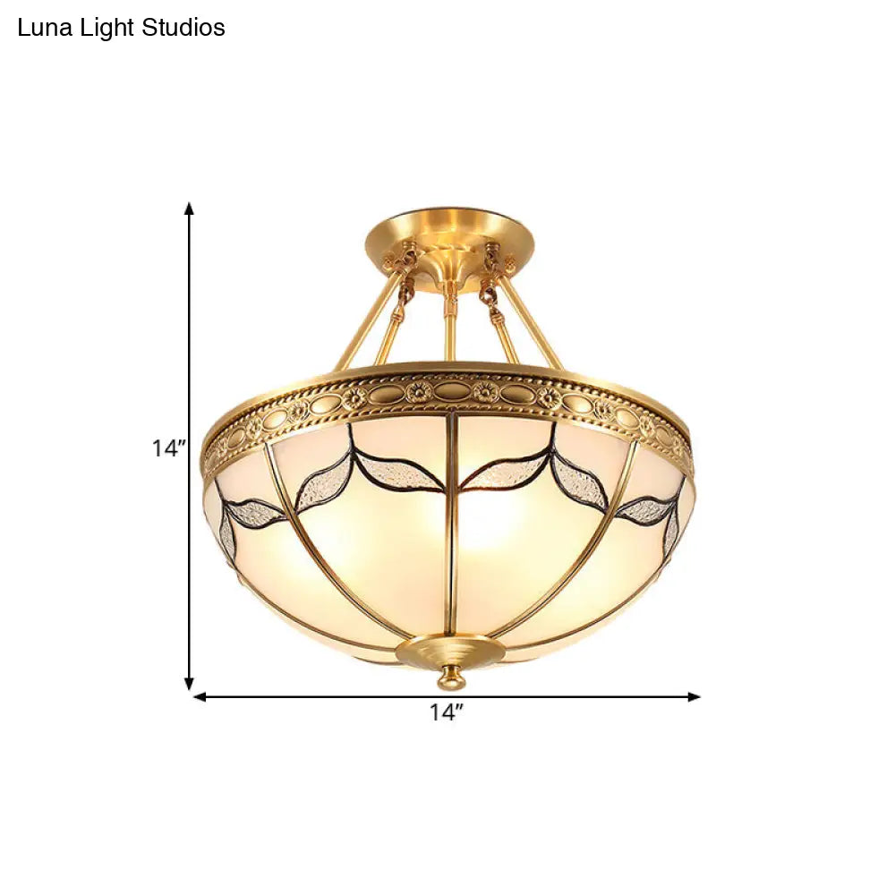 DecorBites™ DecorBites™ Retro Dome Ceiling Light with Milkglass & Leaf Pattern - Semi Flush Mount (3/4 Bulbs) - Brass Finish - 14"/18" W