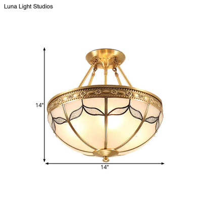 DecorBites™ DecorBites™ Retro Dome Ceiling Light with Milkglass & Leaf Pattern - Semi Flush Mount (3/4 Bulbs) - Brass Finish - 14"/18" W