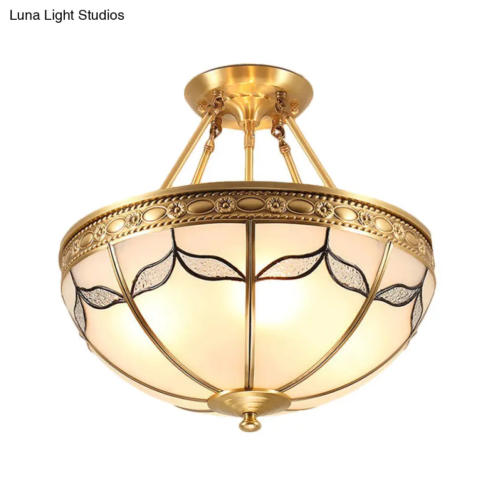 DecorBites™ DecorBites™ Retro Dome Ceiling Light with Milkglass & Leaf Pattern - Semi Flush Mount (3/4 Bulbs) - Brass Finish - 14"/18" W
