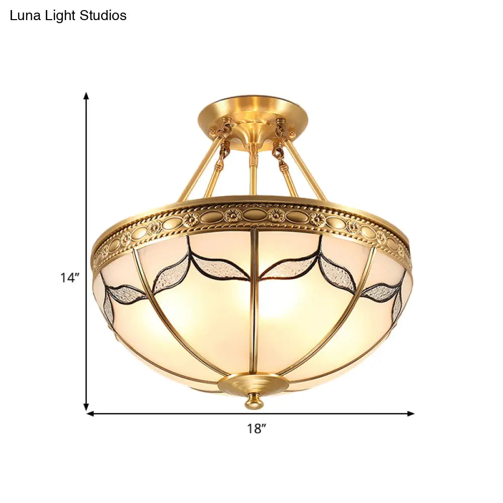 DecorBites™ DecorBites™ Retro Dome Ceiling Light with Milkglass & Leaf Pattern - Semi Flush Mount (3/4 Bulbs) - Brass Finish - 14"/18" W
