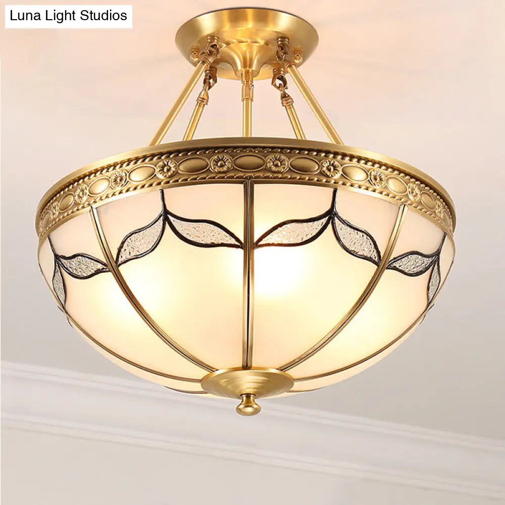 DecorBites™ DecorBites™ Retro Dome Ceiling Light with Milkglass & Leaf Pattern - Semi Flush Mount (3/4 Bulbs) - Brass Finish - 14"/18" W