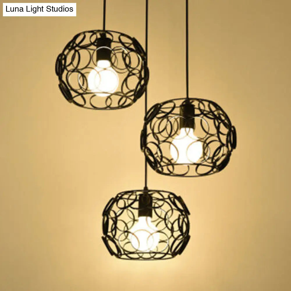 Retro Drum Shade Pendant Lamp with Metal Suspension and Wire Frame in Black - 3 Bulbs, Circles Design